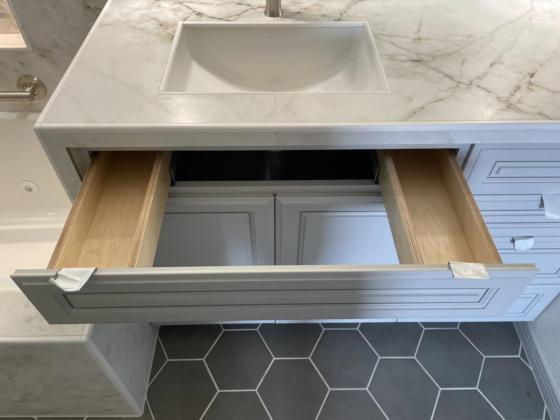 Accessible bathroom with roll-in shower detail