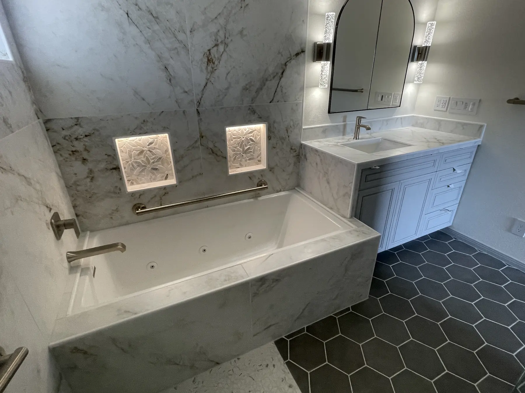 Accessible bathroom with roll-in shower detail