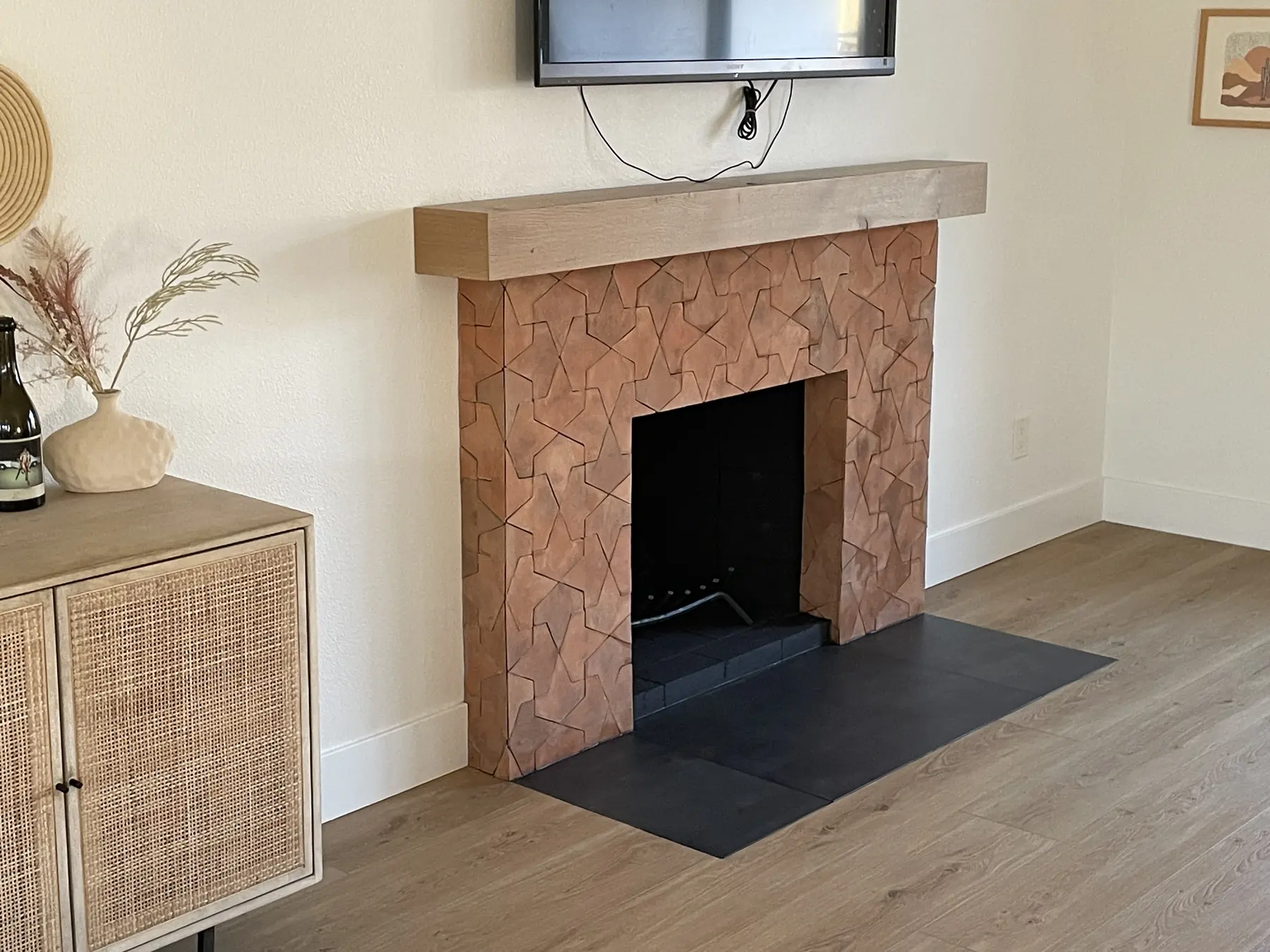 Grout-free clay tile fireplace detail